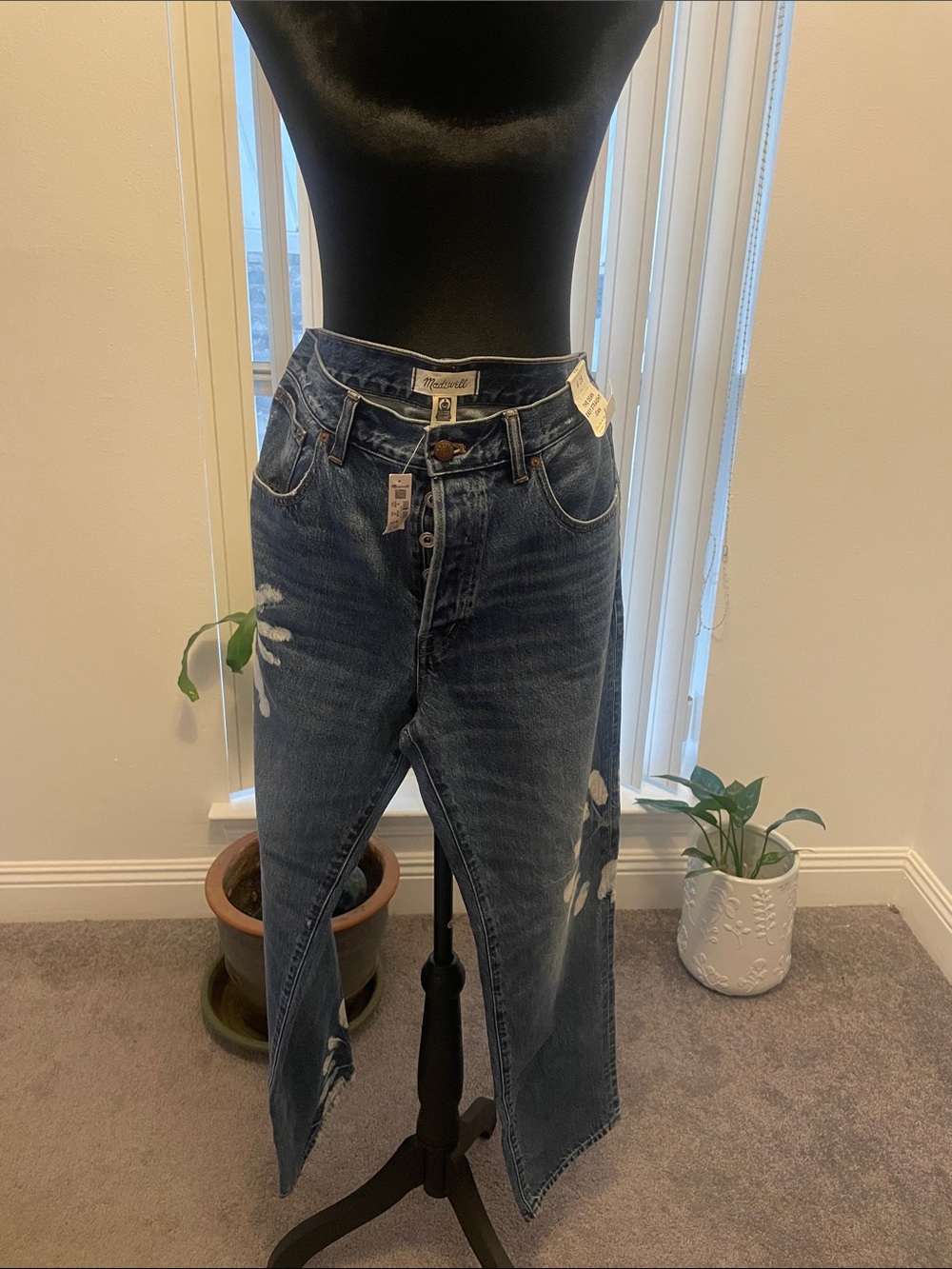 Madewell Dark Blue High-Rise Wide-Leg Jeans with Paint-Splash Detail
